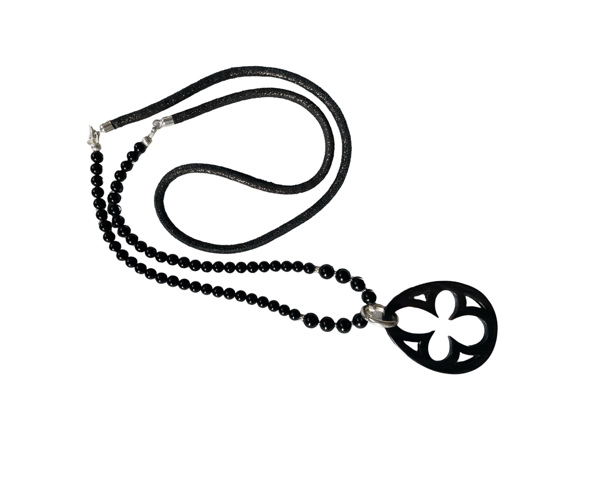 Kette lang "Onyx & Leder" mit Hornanhänger