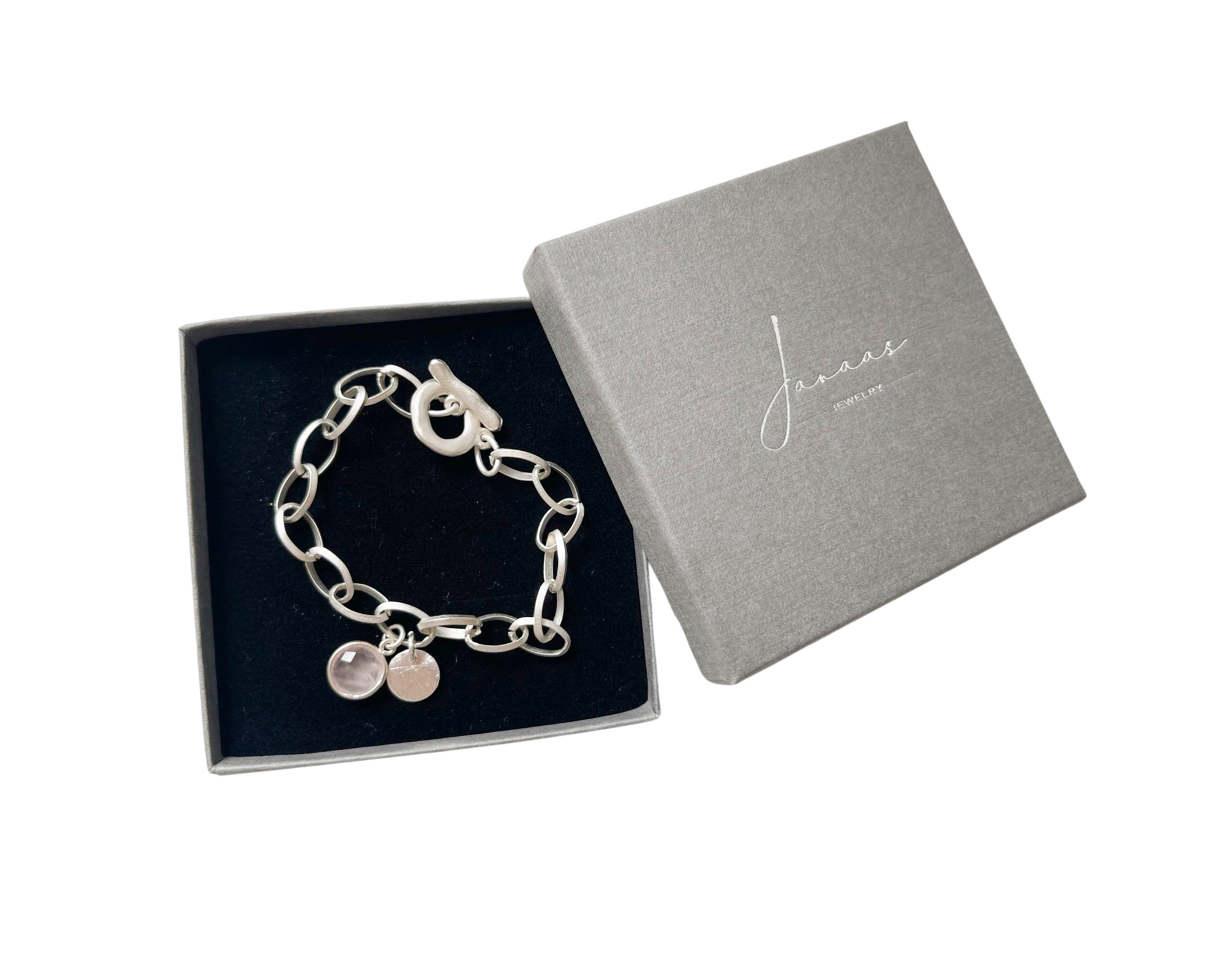 Gliederarmband Stahl mit Rosenquarz Anhänger