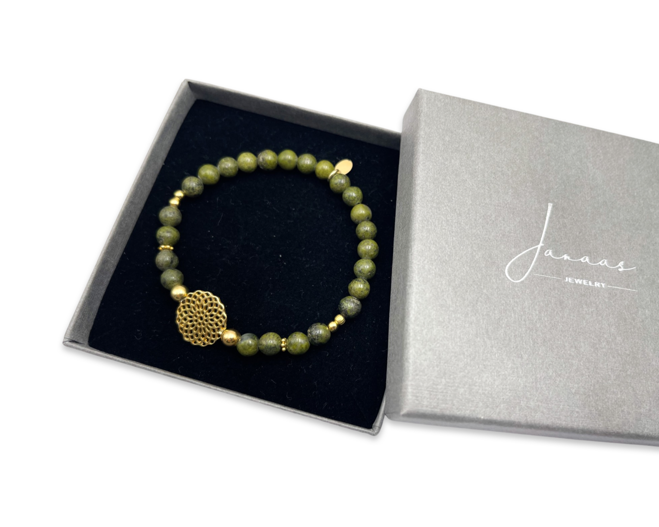 Armband Moosachat mit Mandala-Verbinder gold