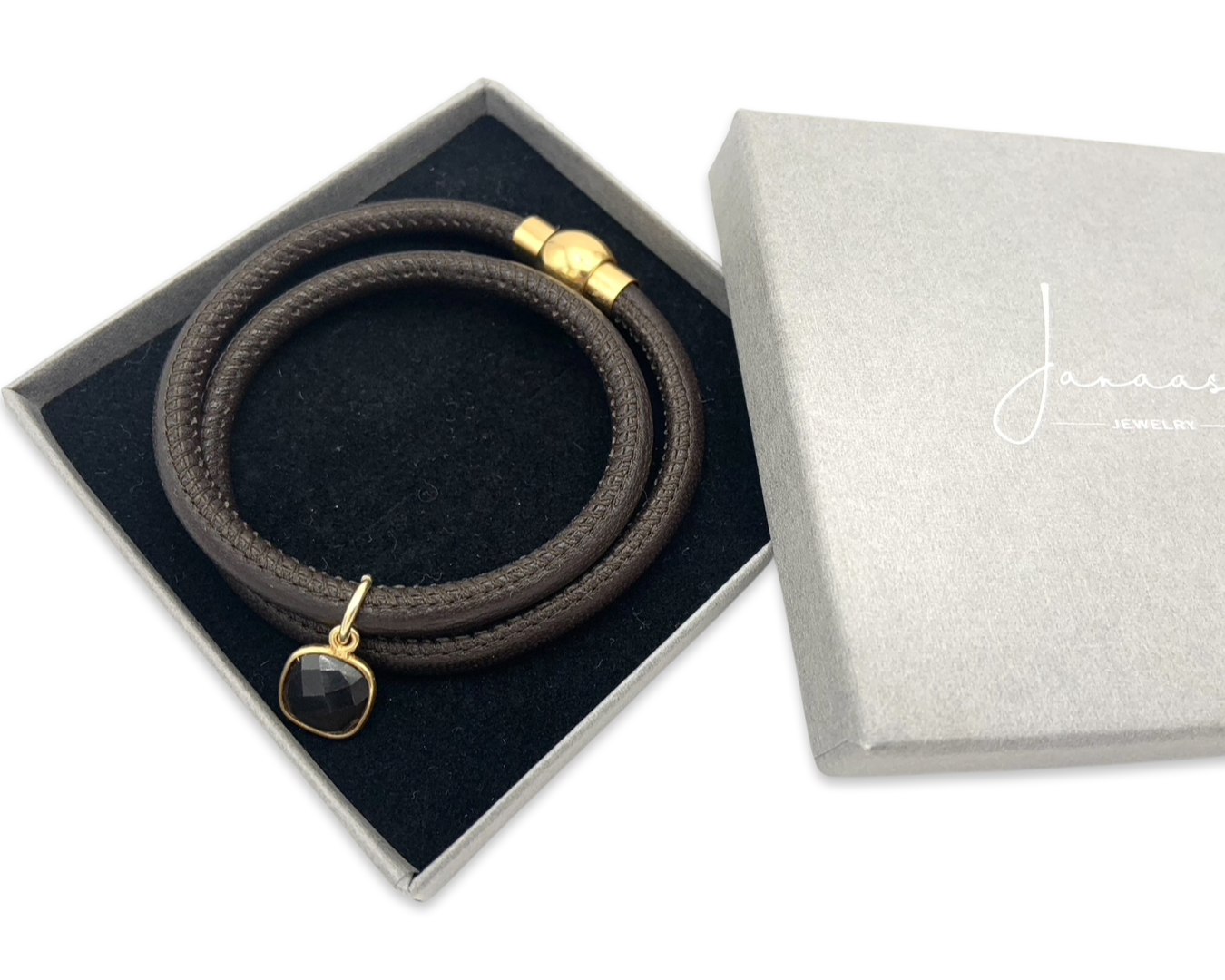 Armband Nappaleder M braun gold mit Rauchquarzanhänger