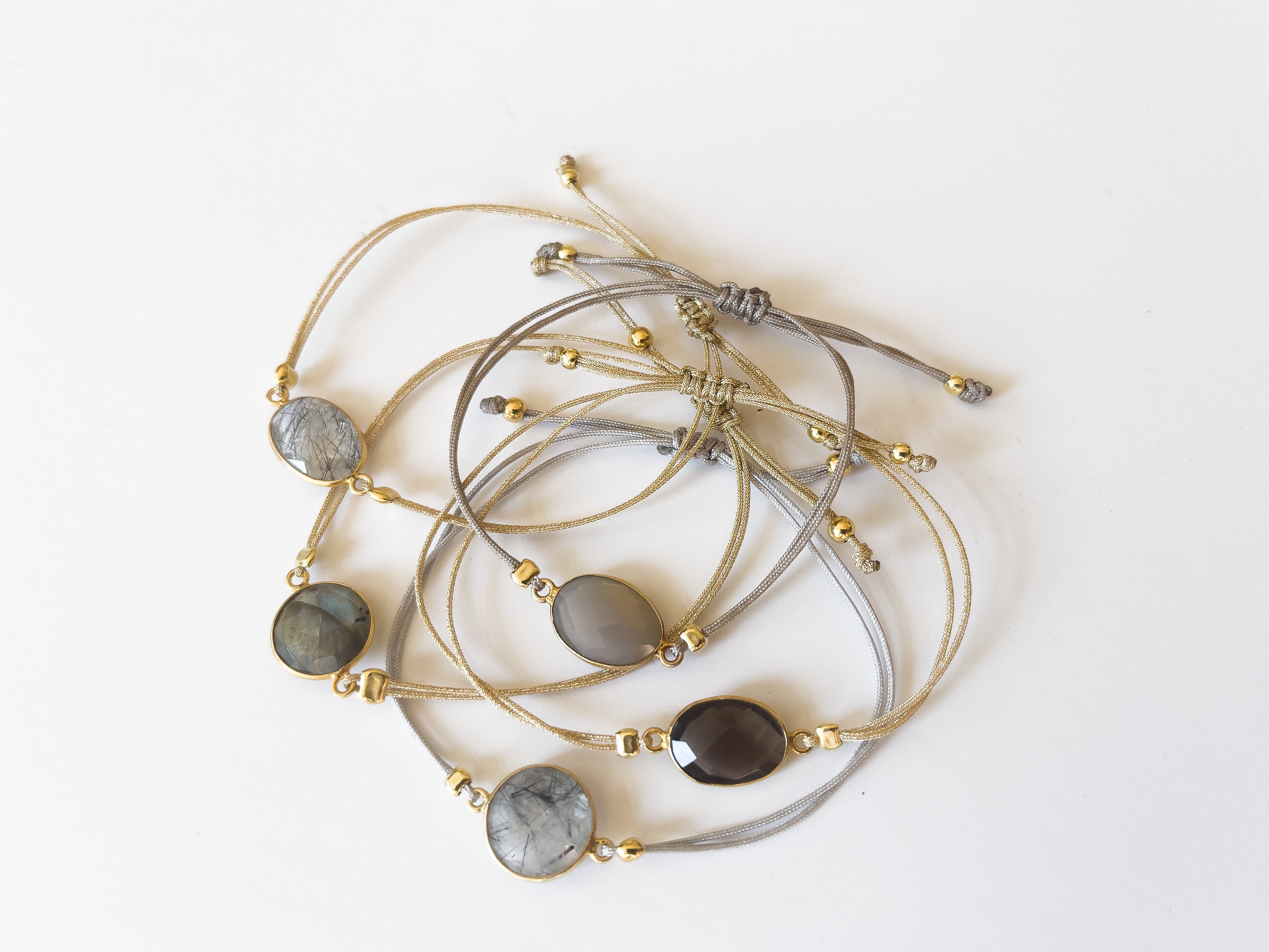 Nylonarmband gold mit Rauchquarz-Verbinder - 925 Sterlingsilber