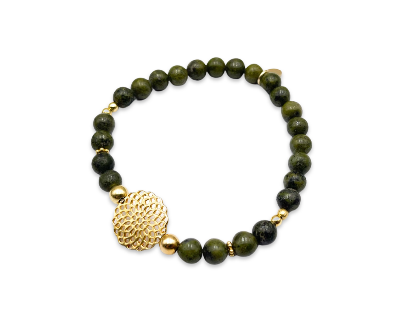Armband Moosachat mit Mandala-Verbinder gold