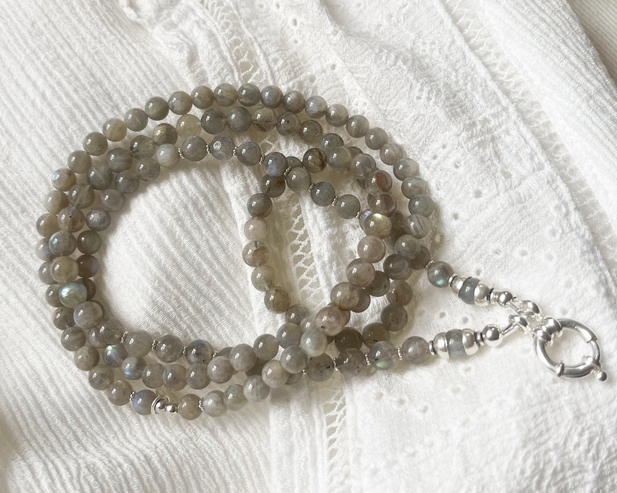 Lange Labradorit Kette grau mit Wechselring