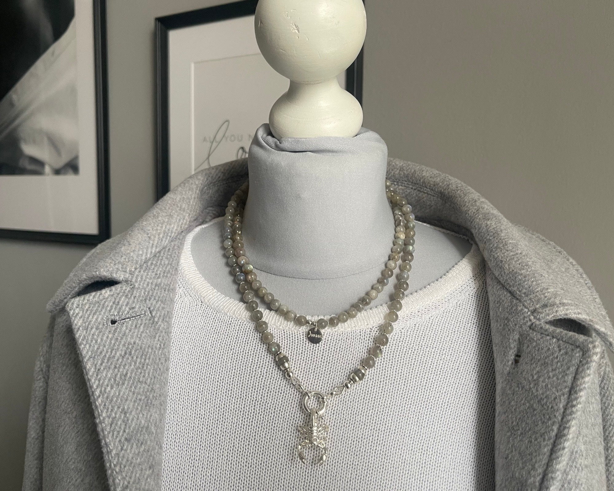 Lange Labradorit Kette grau mit Wechselring