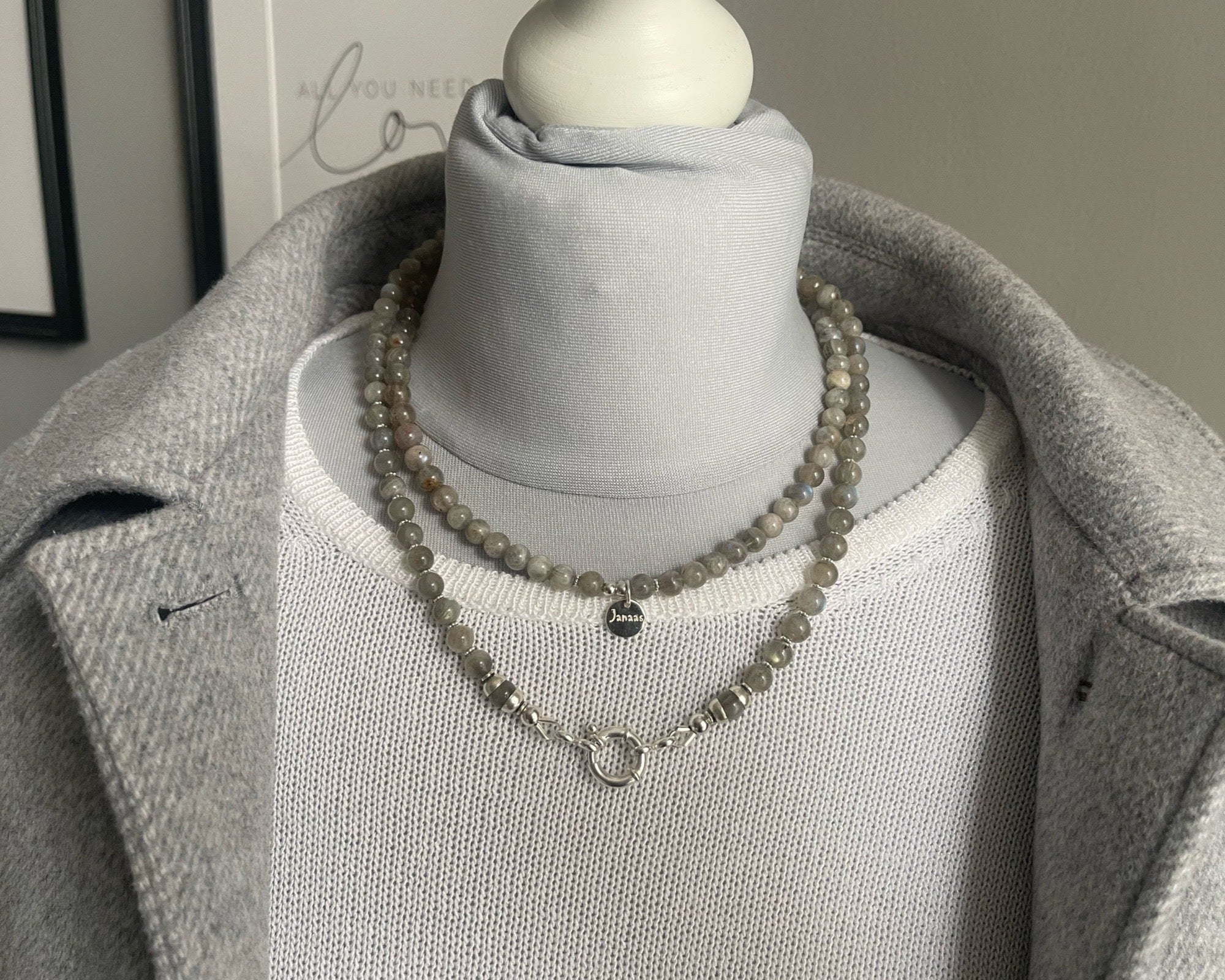 Lange Labradorit Kette grau mit Wechselring