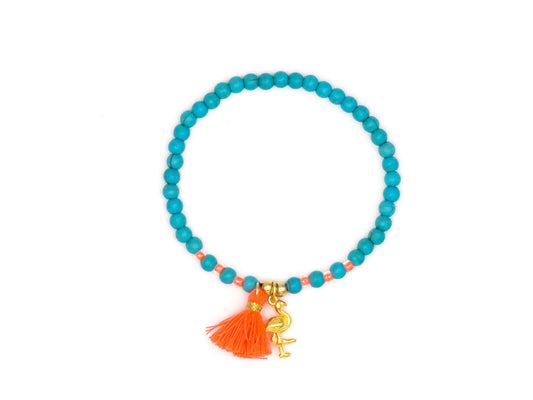 Armband „Türkis Mix“ mit oranger Quaste und Flamingo